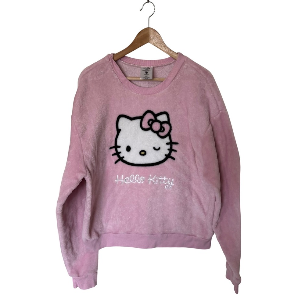Sanrio Hello Kitty Fleece Sweatshirt‎ Women XL Pink Exc. Fuzzy Winking Pullover